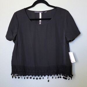 Kensie Witchy NWT black lattice trim short sleeve crop large